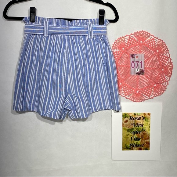 Sapphire Red Paper bag Linen High Waisted Striped Blue/White Short w/Belt - Picture 4 of 8